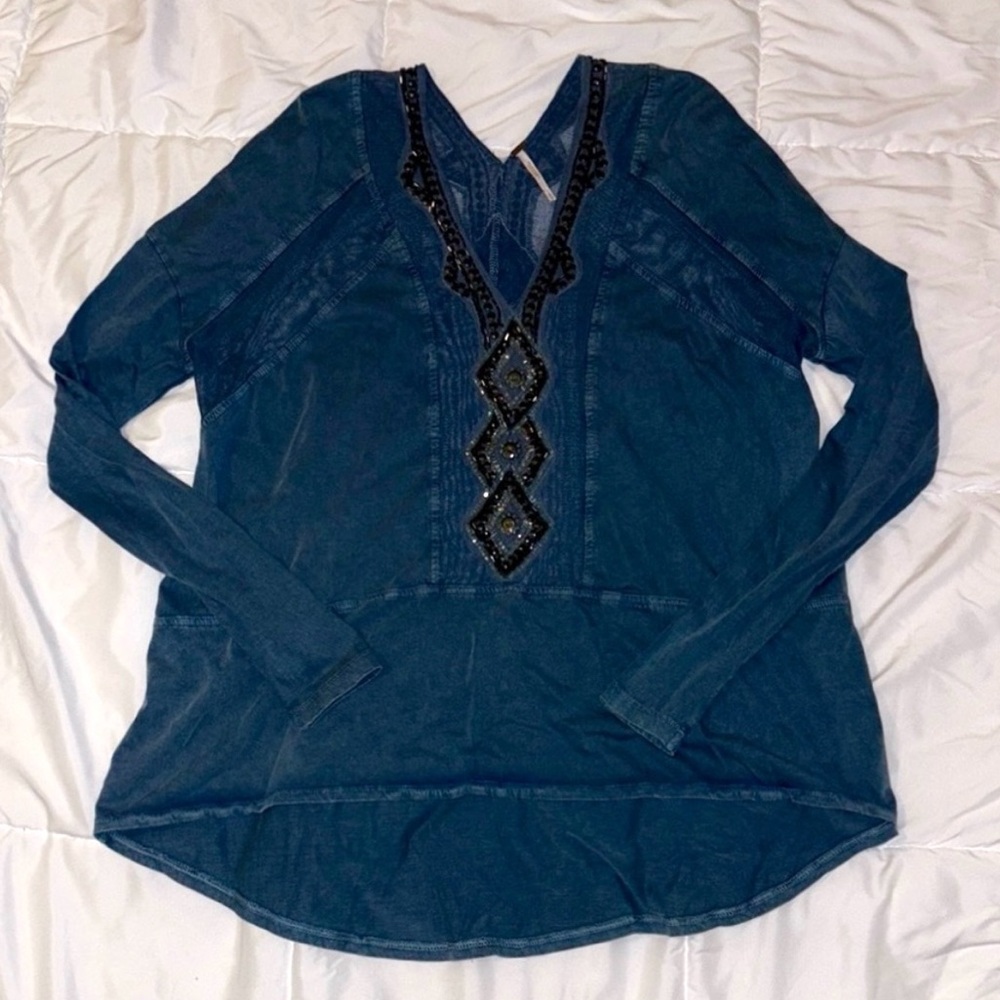 Free People Embellished Blue Top with High-Low back